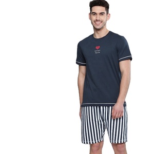 Conjunto de pijama de punto con patrón informal único a juego para hombre, paquete combinado de algodón 100% bordado de manga corta con estampado de colores personalizados - Product Image 3