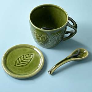 Green Bliss Glazed Ceramic Mug <b>Set</b> of 2 300ml Capacity <b>Microwave</b> Safe Heart and Fruits Pattern for Coffee and Tea - Product Image 2