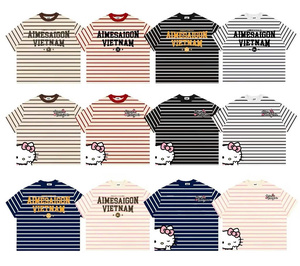 Camiseta Unisex Aime Saigon Vietnam a Rayas, Cuello Redondo, Manga Corta, Estilo Urbano, Corte Holgado, 100% Algodón Tejido Transpirable - Product Image 1