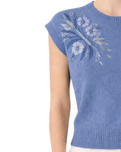 Gilet d'été décontracté et élégant pour femme, en maille bleue personnalisée, sans manches, brodé de fleurs, col rond, doux et léger - Product Image 3