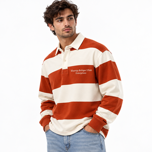 Camisa de rugby a rayas de manga larga para hombre con cuello y botones, jersey de rugby a rayas para hombre con cuello y botones - Product Image 1