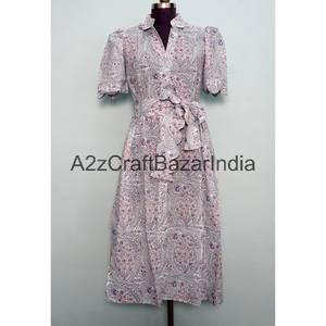 Vestido Midi de Algodón 100% Tejido a Mano en India, con Estampado Floral, Cuello en V, Mangas Cortas y Decoración de Botones, Nuevo Diseño Hermoso - Product Image 1