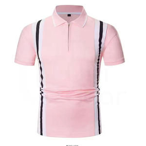 Polo rosa de manga corta para hombre con cremallera y diseño de bloques de color a rayas, tejido de punto informal - Product Image 1