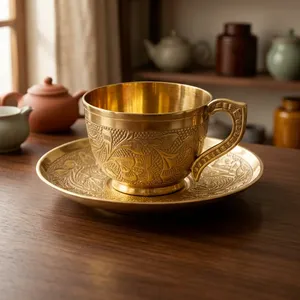 Juego de Taza y Platillo de Té Dorados Grabados en Latón, Juego de Té Decorativo de Lujo para el Hogar, Hotel, Mesa de Comedor, Regalo, 1 Taza, 1 Platillo - Product Image 5