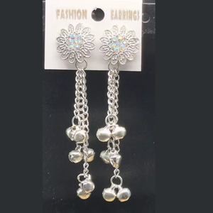 Indian Oxidized <b>Silver</b> Flower Drop <b>Earrings</b> Crystal Rhinestone Stud Long <b>Chain</b> Ghungroo Tassel Jewelry Bulk Wholesale Pair - Product Image 1