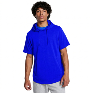 Men's Navy Blue <b>Short</b> <b>Sleeve</b> Hooded T-Shirt Oversized Fit Casual Solid Color Knitted Cotton Breathable Summer <b>Hoodie</b> - Product Image 5