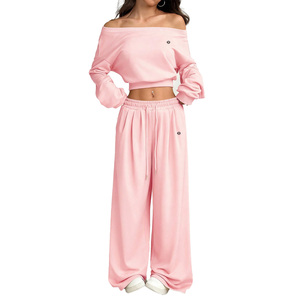 Pink Off-Shoulder <b>Crop</b> <b>Top</b> Hoodies Custom Matching Wide Leg Sweatpants Set Casual Loose Fit Full Sleeve Solid Color Tracksuit - Product Image 1