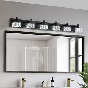 Moderna Lampada da Parete a 6 Luci LED Nera Opaca con Eleganti Paralumi in Cristallo per Bagno - Product Image 1