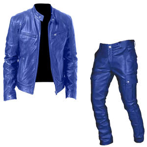 Men's PU <b>Leather</b> Jacket with Zipper Closure and <b>Cargo</b> <b>Pants</b> Set Windproof Eco-Friendly Stand Collar Front Logo Winter Wear - Product Image 5