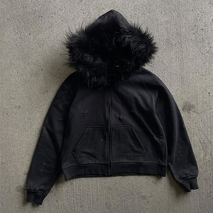 Men's <b>Black</b> <b>Zip</b> <b>Up</b> fashion <b>Hoodie</b> with Fur Trim Hooded Winter Casual Long Sleeve autumn wear - Product Image 6