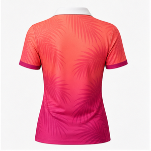 เสื้อโปโลผู้หญิงลายใบปาล์มสีม่วงแดงแบบกำหนดเอง แห้งเร็ว ระบายอากาศได้ดี แขนสั้น ชุดยูนิฟอร์มทีมกอล์ฟ WPS-0777 - Product Image 2