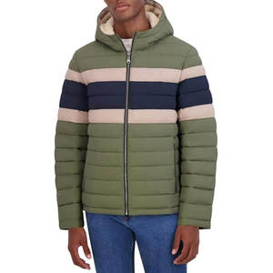 Men's Hooded Striped Puffer <b>Jacket</b> Polyester Wadding Windproof Casual Winter Wear Faux Fur Lining Zipper Closure Regular Fit - Product Image 5