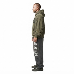Ensemble survêtement homme personnalisé vert olive vieilli avec sweat à capuche et pantalon de jogging noir en molleton de coton, style streetwear, vente en gros OEM - Product Image 2