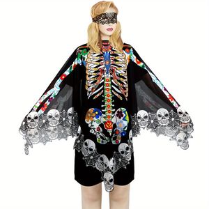 Poncho squelette d'Halloween pour femme Costume du jour des morts en dentelle pour Poncho pour fêtes costumées ou événements - Product Image 6