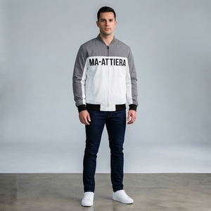 Chaqueta Bomber Gris y Blanca para Hombre, con Bloques de Color, Cierre de Cremallera, Estilo Casual Urbano, Chaqueta de Moda, Personalizada OEM ODM, Venta al Por Mayor - Product Image 1
