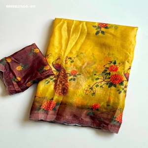 Good Price Support Fancy <b>Satin</b> with Digital Flower & Traditional Motif Print & Swarovski work Saree-<b>Blouse</b> Wholesale Supply - Product Image 1
