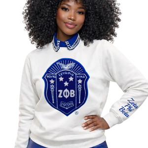 เสื้อสเวตเชิ้ตเชนิลล์ลายโล่ Zeta Phi Beta สีขาวสำหรับผู้หญิง ปักลายตราสัญลักษณ์กรีก ปี 1920 ZPB เสื้อผ้าสำหรับชมรมนักศึกษา - Product Image 6