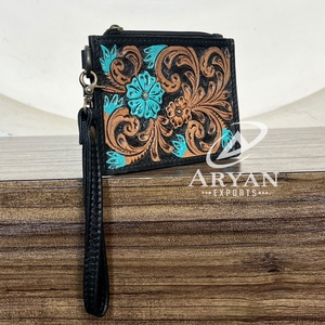 Cartera Multifuncional de Cuero Genuino con Diseño de Flor Turquesa, Elegante Portamonedas y Tarjetero, Estilo Occidental - Product Image 1