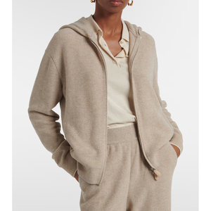 Sudadera con Capucha Beige para Mujer, con Cierre, Manga Larga, Tejida, Casual, de Color Sólido, de Algodón, para Otoño - Product Image 1