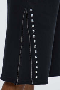 Mens Black Relaxed Fit <b>Shorts</b> with Studded Side Trim and Exposed <b>Zip</b> Detailing Designed for Contemporary Streetwear and Casual - Product Image 3