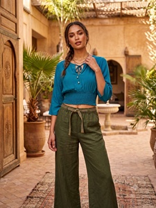 <strong>Women's</strong> Bohemian Crop <strong>Top</strong> Blouse <strong>Teal</strong> Three Quarter Bell Sleeve O-Neck Solid Color Spring Summer Regular Fit Woven Rayon - Product Image 6