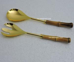 Service à salade en acier inoxydable plaqué or, nouveau design, avec manche en pierre et résine transparente - Product Image 6