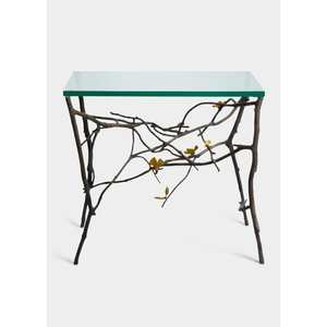 Mesa de centro y auxiliar de lujo con diseño floral, base de aluminio fundido chapado en oro de alta calidad y tapa de cristal redonda, procedente de la India. - Product Image 2
