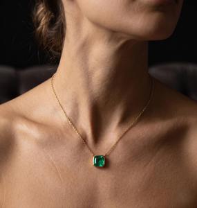 14K Gold Tiny Square <b>Emerald</b> Green Diamond <b>Pendant</b> Necklace Delicate Minimalist Solitaire Daily Wear Luxury Jewelry for Women - Product Image 1