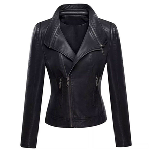 Chaqueta de Motociclista de Cuero PU para Mujer, Cuello Alto, Manga Larga, Cierre de Cremallera, Color Sólido, Otoño - Product Image 1