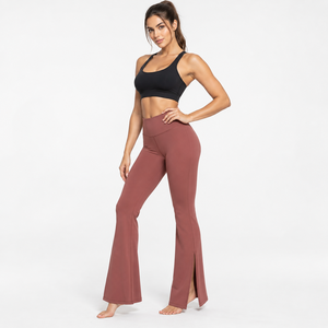 High Waist Flared Leg <b>Yoga</b> <b>Pants</b> Seamless Solid Color Full Length Elastic Waist Spandex Nylon Workout Trousers - Product Image 1