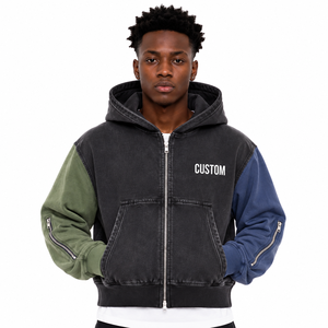 Designer Custom Printed Mens Hoodie Acid Wash Full <b>Zip</b> Up Color block Hoodies Pullover Distressed Zipper Heavyweight Streetwear - Product Image 1