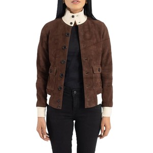 Women Dark Brown Genuine <b>Suede</b> Leather Bomber <b>Jacket</b> Cream Ribbed Trim Slim Fit Premium Goat <b>Suede</b> Casual Winter Outerwear Fashi - Product Image 1