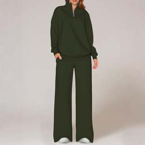 Wholesale OEM Made Women's 2 Piece Outfits Long Sleeve Oversized Half <b>Zip</b> Sweatshirt Wide Leg Jogger Pants Terry Fabric - Product Image 6