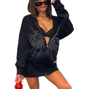 Haut court oversize vintage zippé pour femme, style streetwear hiver, avec strass effet diamant et effet délavé soleil - Product Image 5