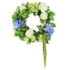 23 pollici di ortensie e rose bianche verdi artificiali blu per tutto l'anno ghirlanda decorativa malloppo - Product Image 1