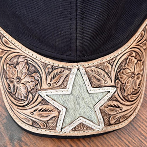 New Hair on Tooled Leather Star Trucker Hat Floral Baseball Hat Cowhide Cowboy Summer <strong>Cap</strong> Western <strong>Ball</strong> <strong>Cap</strong> Handmade Patch Hat