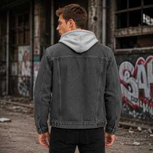 Veste décontractée pour homme en coton imprimé coupe-vent gris à capuche en molleton bouclette, coupe régulière, style sweat à capuche délavé, avec poches, idéale pour l'automne - Product Image 3