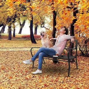 Panca da esterno con struttura in ferro da 51 pollici per patio, parco, giardino, portico o terrazza in nero YF - Product Image 5