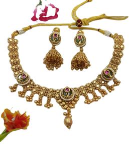 Conjunto de Joyería Nupcial India con Esmalte y Cuentas Colgantes, Collar Ajustable con Cordón, Chapado en Oro, Regalo de Boda Moderno - Product Image 3