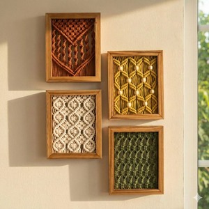 Juego de 4 Tapices de Macramé Enmarcados, Decoración Abstracta Geométrica Bohemia para Sala de Estar - Product Image 1