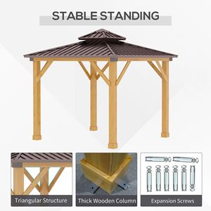 Gazebo con Tetto Rigido 3x3 Metri, Struttura in Legno Massello e Tetto a Doppio Livello in Acciaio per Villa, Cortile, Parco, Colore Marrone - Product Image 5