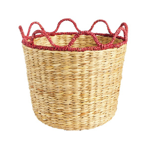 Handwoven Seagrass <b>Storage</b> Basket with Red Scalloped Rim, Unique Boho Decorative <b>Hamper</b> for Home <b>Storage</b> - Product Image 2