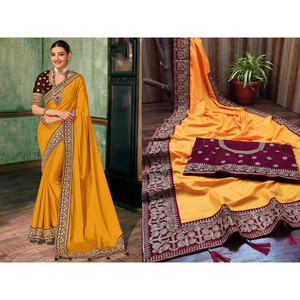 SAREE DE TRAVAIL EN DENTELLE DE BRODERIE EN SOIE À LA MODE AVEC BLOUSE NON COUCHÉE JAUNE - Product Image 1