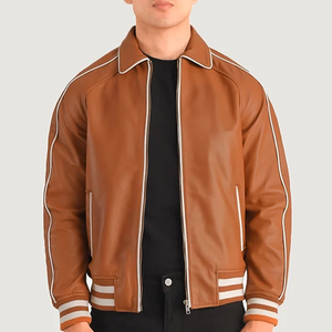 Unisex Brown PU Leather Bomber <b>Jacket</b> with <b>White</b> Trim Turn-down Collar Zipper Closure Waterproof Windproof Casual Winter Wear - Product Image 3