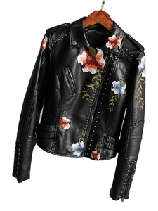 Floral Print Embroidery Faux Soft Leather Jacket Women Pu Motorcycle Coat Female Black Punk Zipper Rivet Outerwear - Product Image 5
