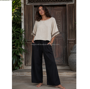 Top Bohemio de Cáñamo y Algodón para Mujer, Cómodo, Sostenible y de Alta Calidad, Estampado Vintage Boho con Estilo Kaftan, Exportación al por Mayor - Product Image 6