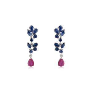 Boucles d'oreilles pendantes artisanales en argent sterling 925 avec saphir bleu et rubis, sertissage à griffes, bijoux fins - Product Image 1