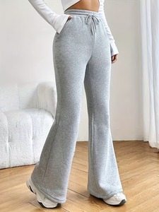 Women High Waist Flared Leg Sweatpants Solid Gray Cotton Spandex Drawstring Side Pockets Full Length Autumn Casual Pants - Product Image 5