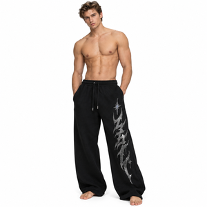 Pantalon de survêtement ample en molleton de coton avec strass pour femme, taille élastique, poches latérales, coupe large, style unisexe - Product Image 2