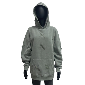 Sudadera con capucha de felpa francesa de peso pesado para mujer, con parches de cruces, efecto descolorido por el sol y lavado ácido - Product Image 3